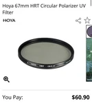 Hoya 67MM Circular Polarizing And Uv Hrt Screw-in Filter. Fixed Price $19.95.