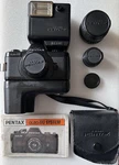 Asahi Pentax Camera Auto 110 Caps, Flash, Winder, Lenses. Fixed Price $100.00.