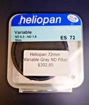 Heliopan 72MM Variable Gray Nd Filter - 0.3 1.8 (6 Stops) Open Box. Fixed Price $87.00.